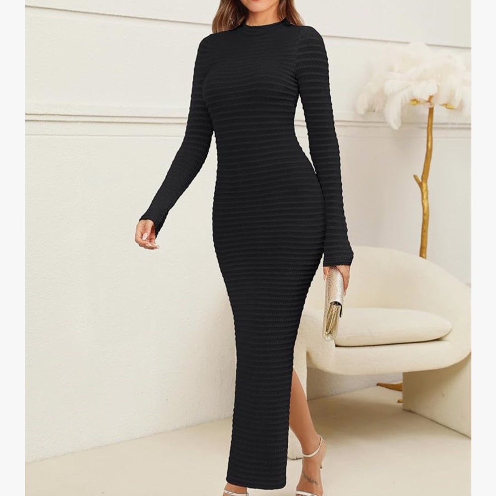Elegant autumn fall textured knit dress Long Sleeve Ribbed Dress